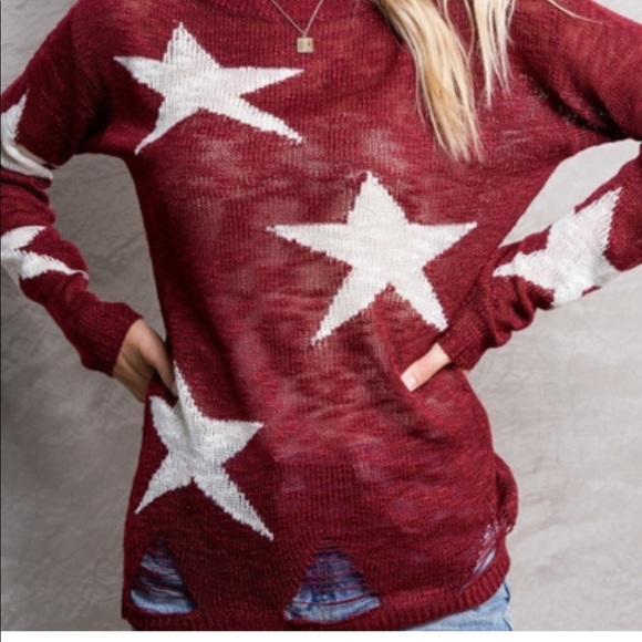 La Miel Sweaters - La Miel Long Sleeve Wine Distressed Big Stars Sweater with Deconstructed Hem